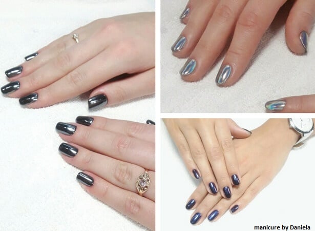 paznokcie pomalowane w różnych odcieniach srebrnego